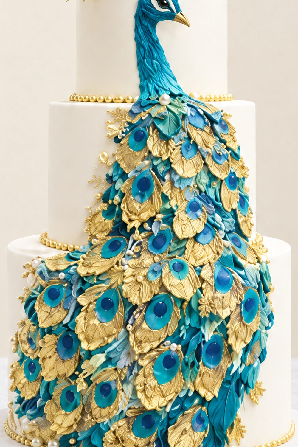 Close-up of a hand-painted sugar peacock feather on a birthday cake