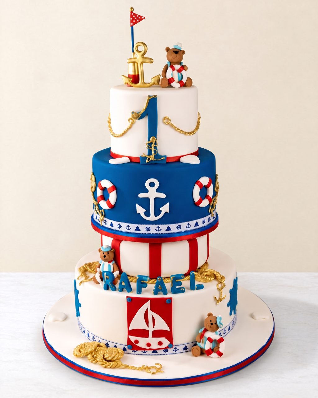 A nautical first-birthday cake with sailor bears, anchors and a name in sugar