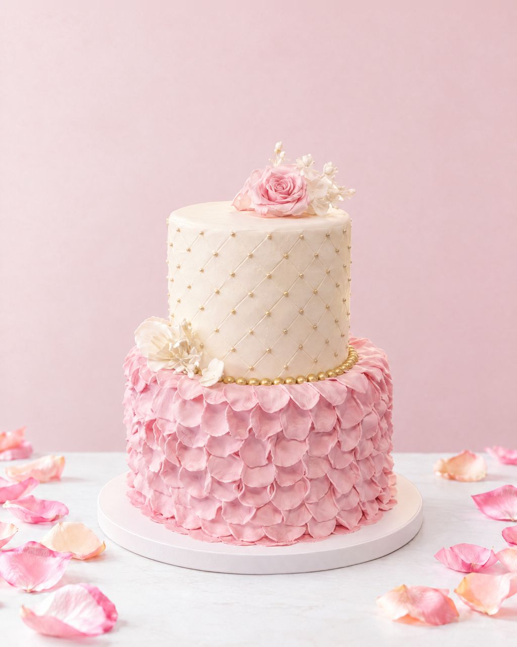 A two-tier pink petal cake with a quilted ivory tier and a sugar rose