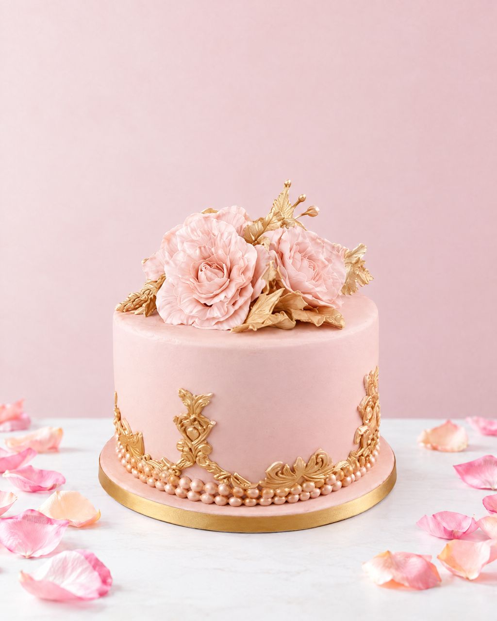 A real Nelly's Cakes Mother's Day cake, design Mother's Day 009, on a marble table with rose petals