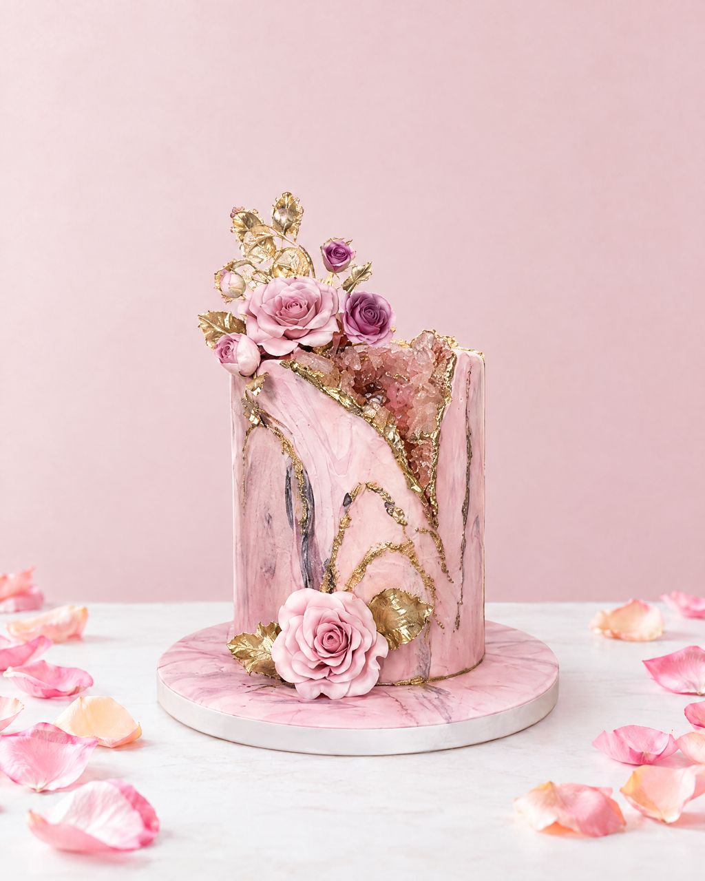 A real Nelly's Cakes Mother's Day cake, design Mother's Day 010, on a marble table with rose petals