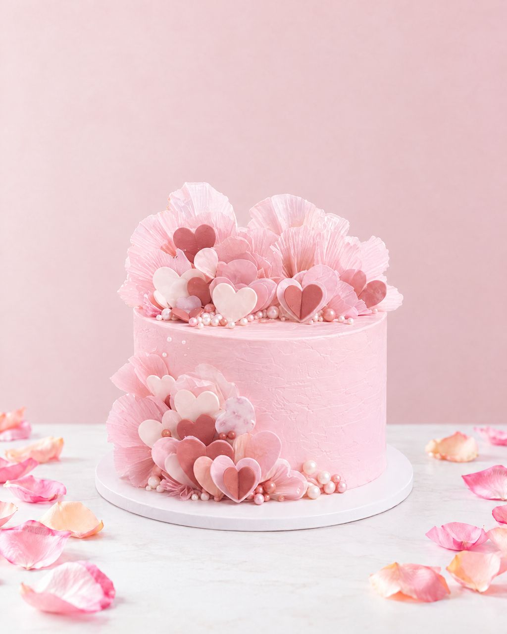 A real Nelly's Cakes Mother's Day cake, design Mother's Day 012, on a marble table with rose petals