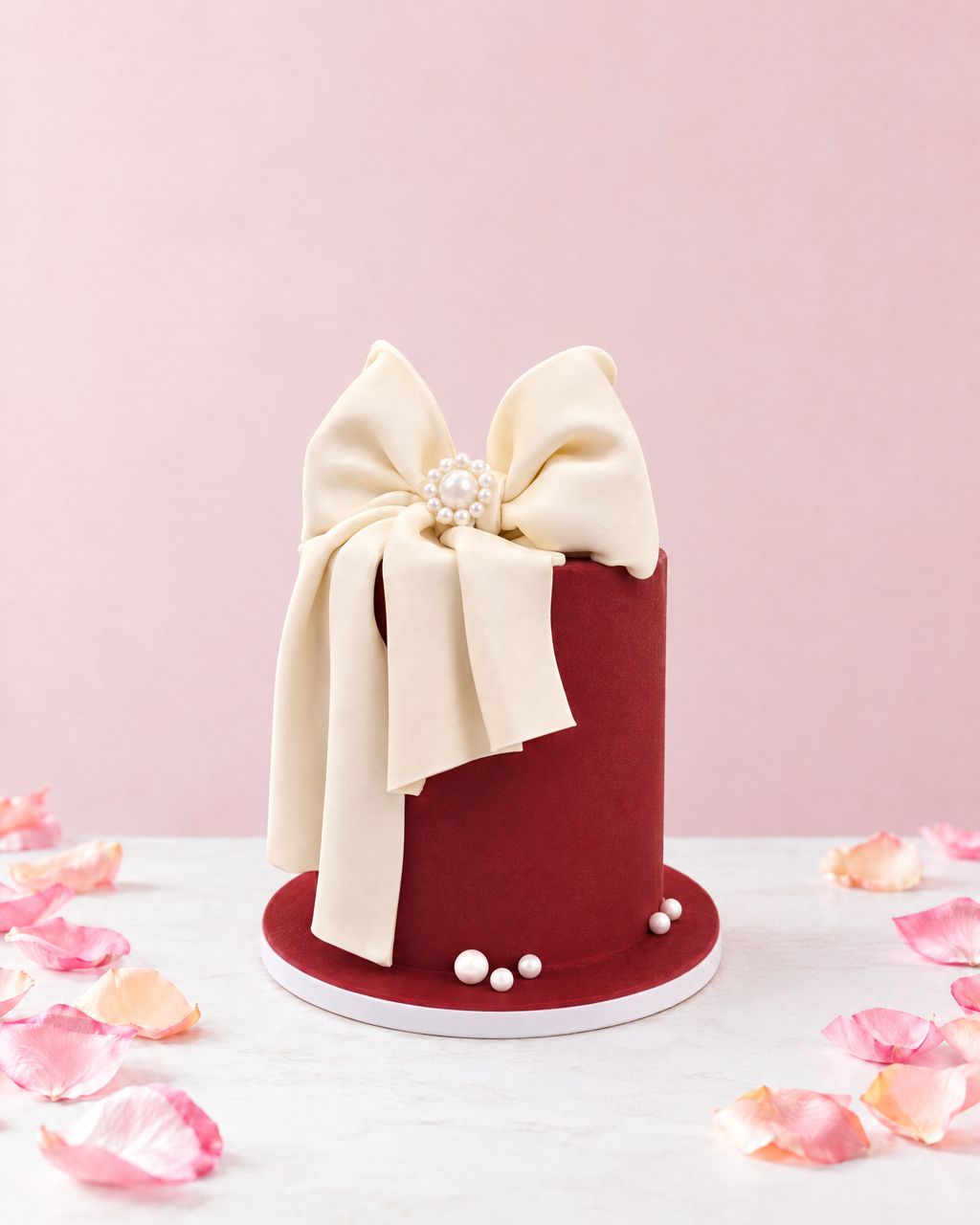 A real Nelly's Cakes Mother's Day cake, design Mother's Day 014, on a marble table with rose petals