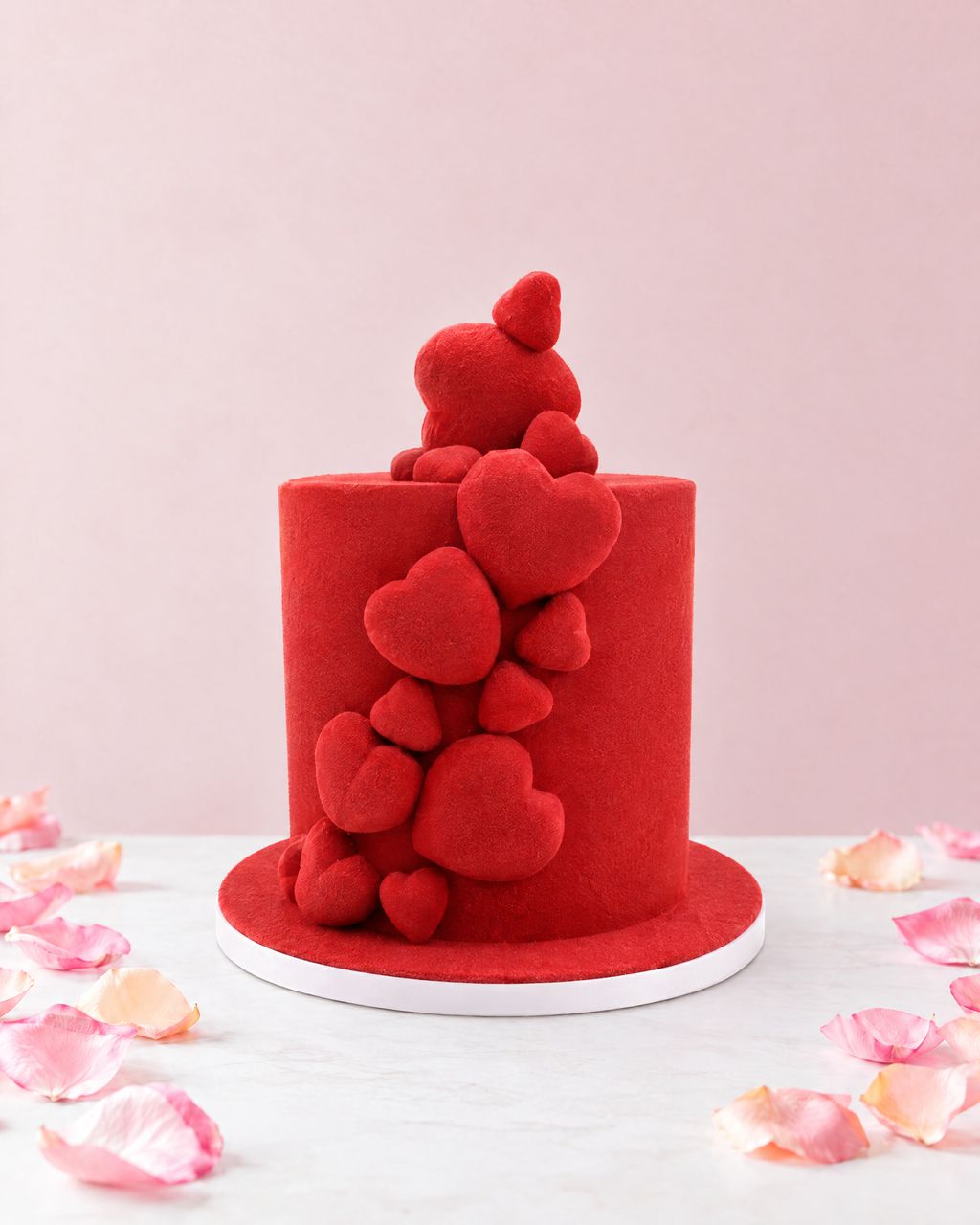 A real Nelly's Cakes Mother's Day cake, design Mother's Day 015, on a marble table with rose petals