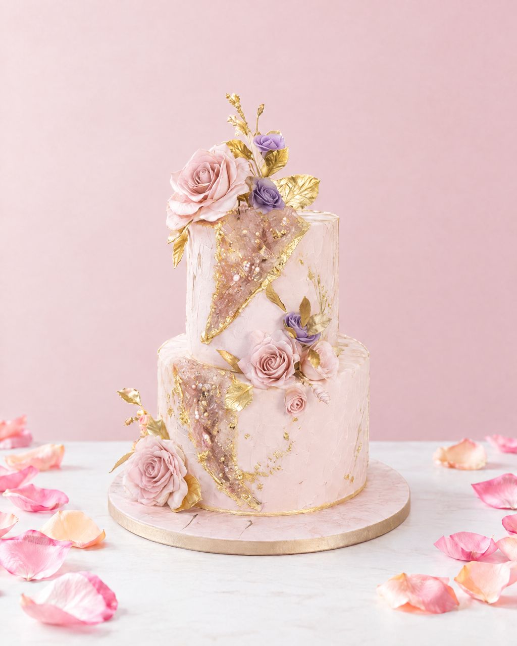 A real Nelly's Cakes Mother's Day cake, design Mother's Day 016, on a marble table with rose petals
