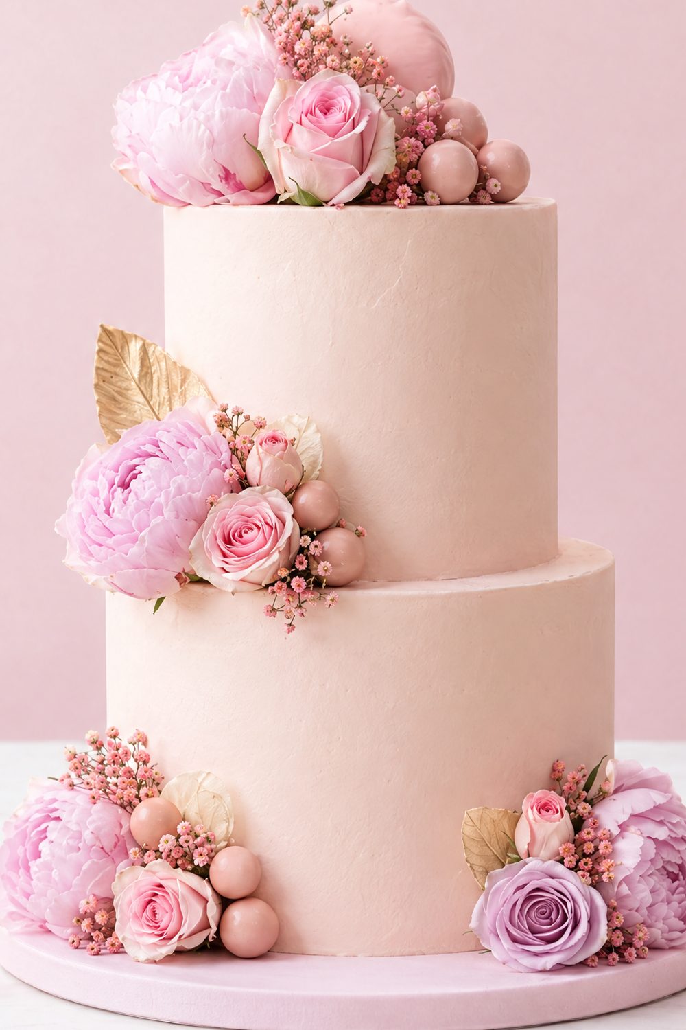 Close-up of sugar peonies, roses and berries on a blush pink cake