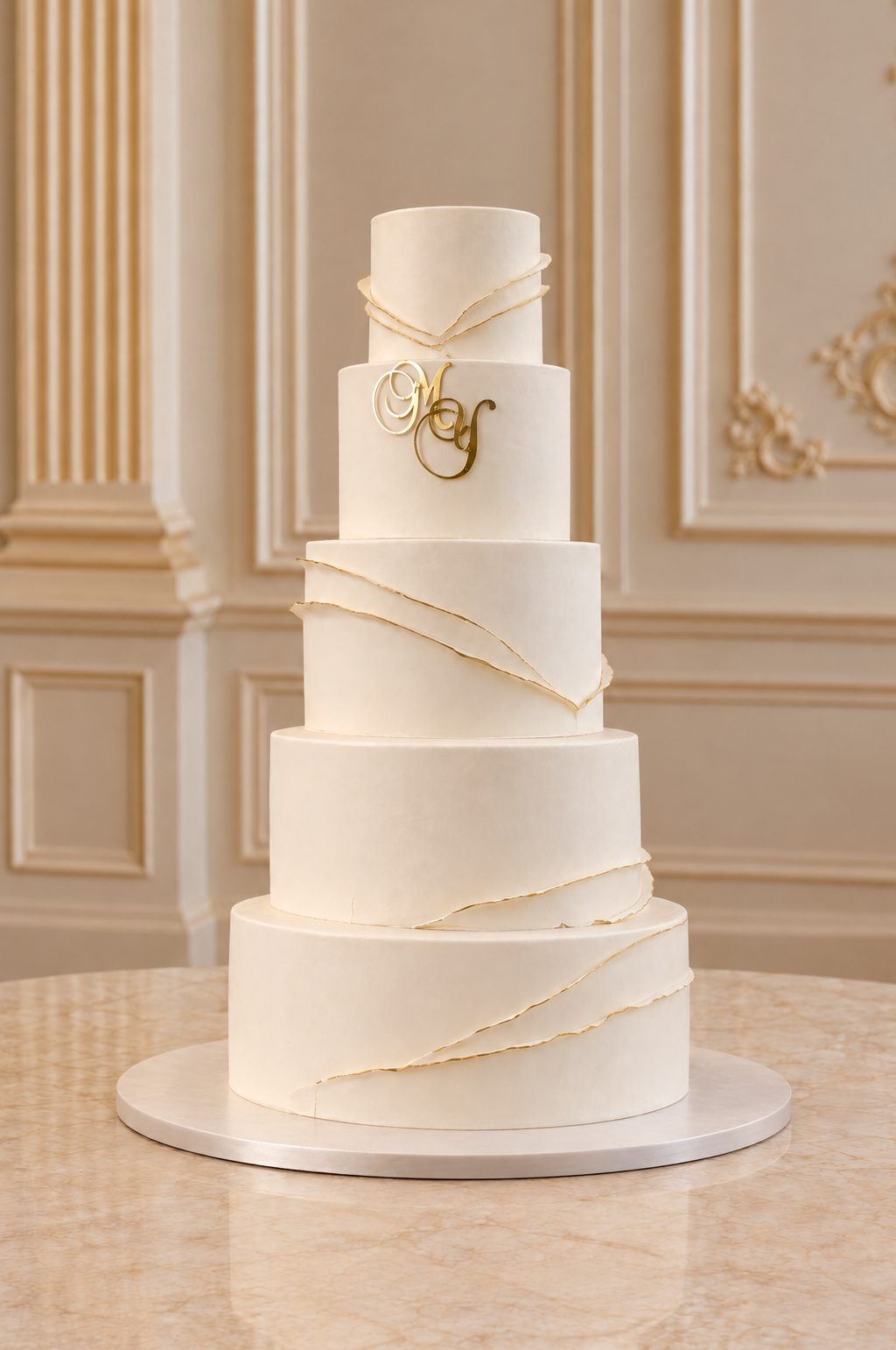 A real Nelly's Cakes royal wedding cake, design Royal 001, in a gilded ballroom