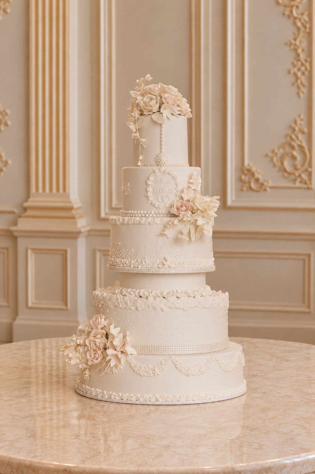 A real Nelly's Cakes royal wedding cake, design Royal 003, in a gilded ballroom
