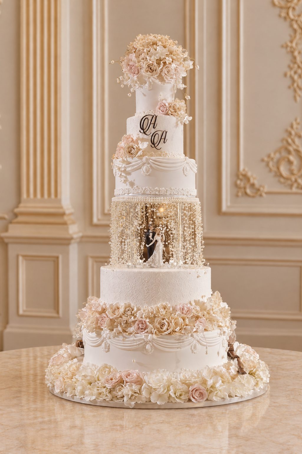 A real Nelly's Cakes royal wedding cake, design Royal 004, in a gilded ballroom