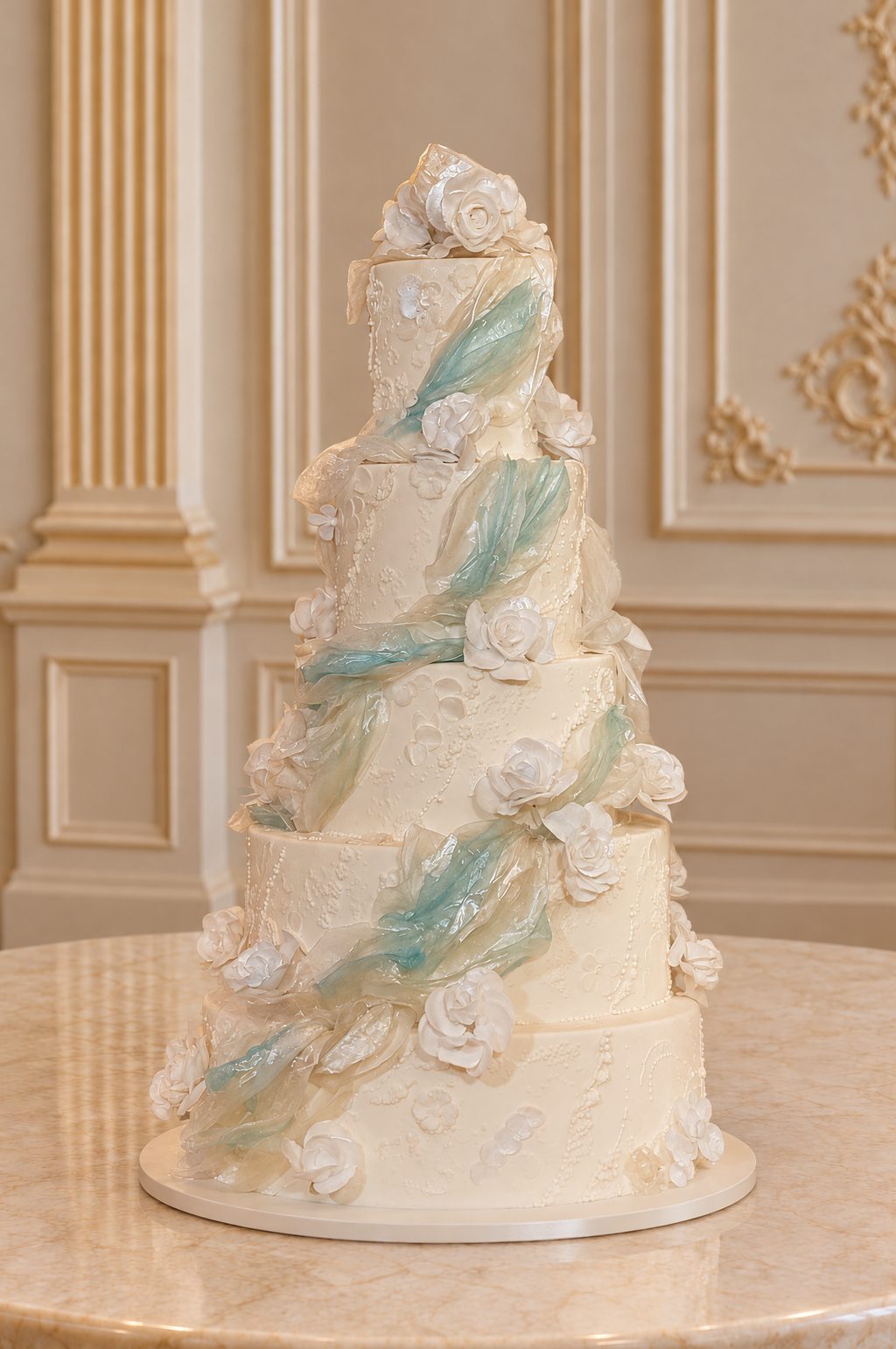 A real Nelly's Cakes royal wedding cake, design Royal 005, in a gilded ballroom