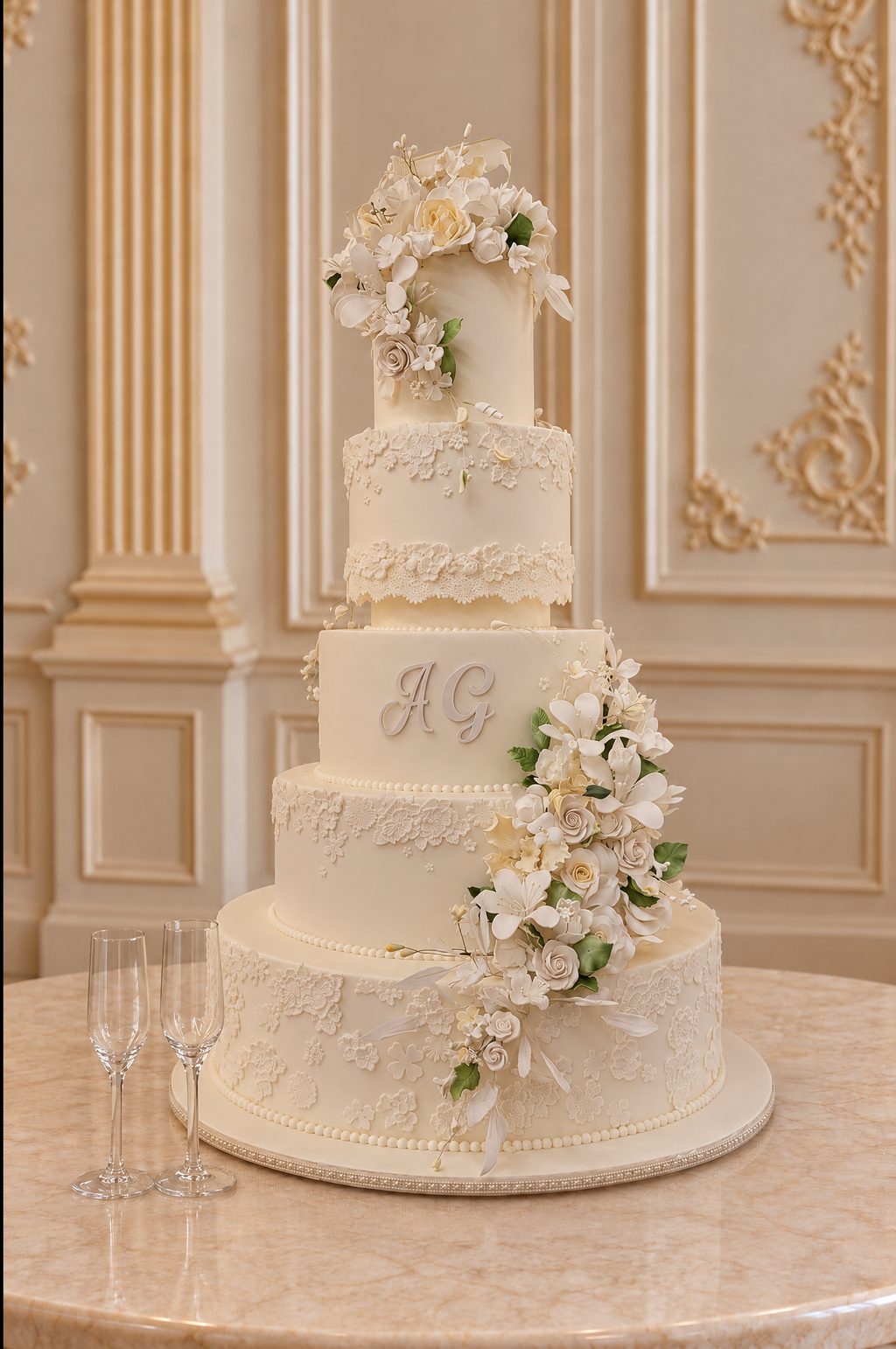 A real Nelly's Cakes royal wedding cake, design Royal 006, in a gilded ballroom