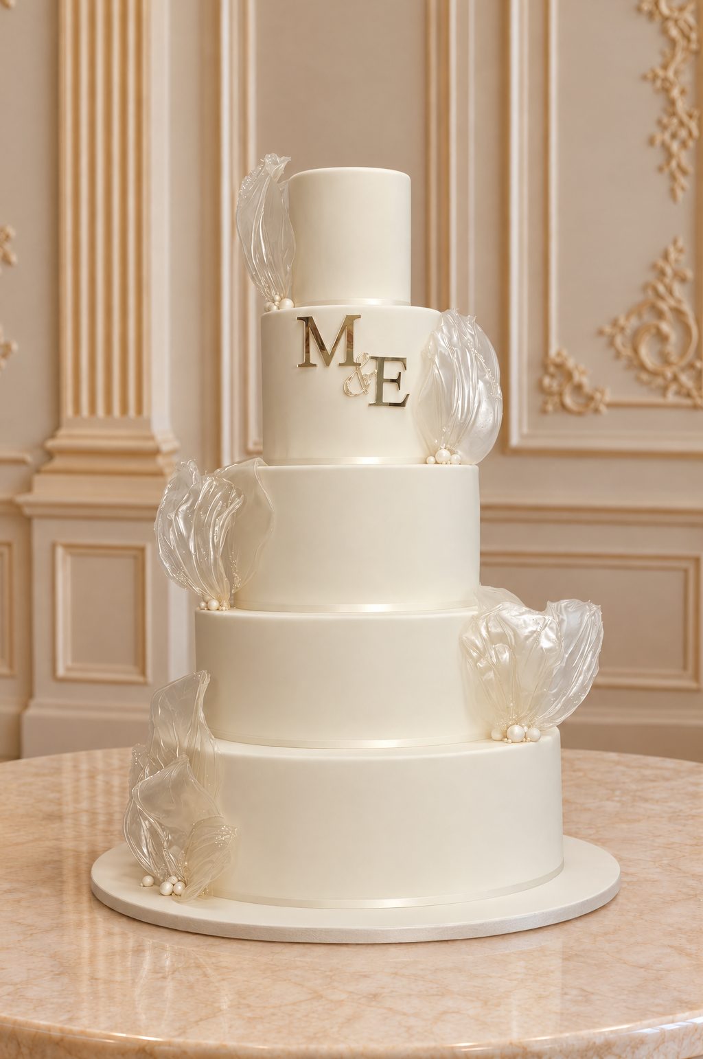 A real Nelly's Cakes royal wedding cake, design Royal 007, in a gilded ballroom