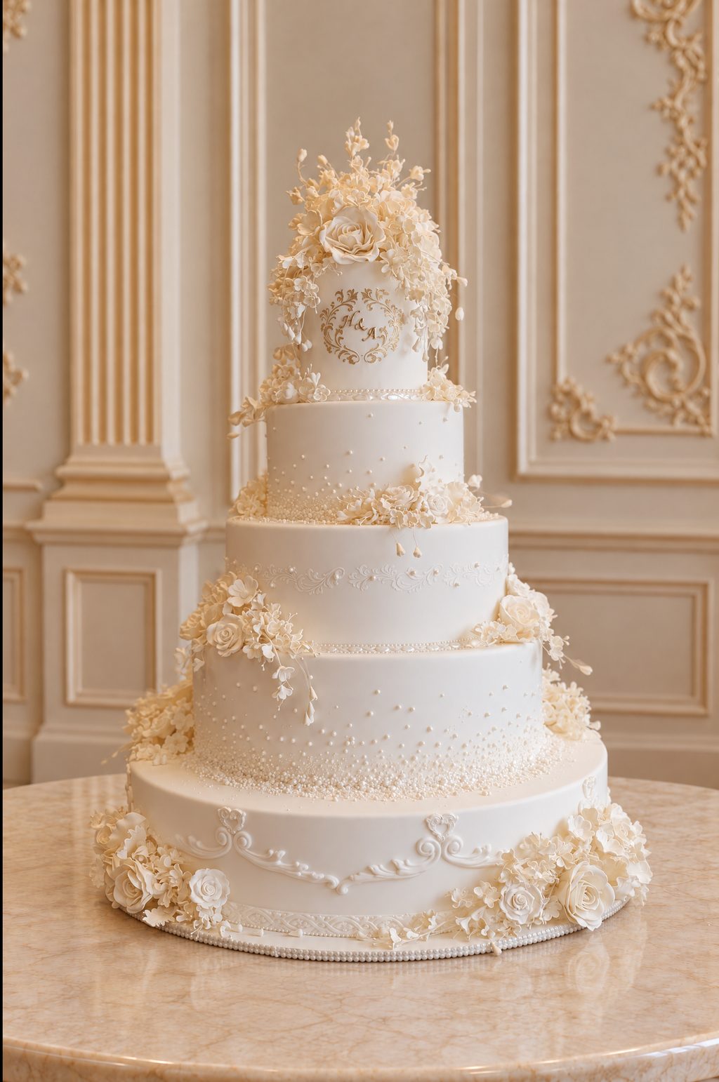 A real Nelly's Cakes royal wedding cake, design Royal 008, in a gilded ballroom