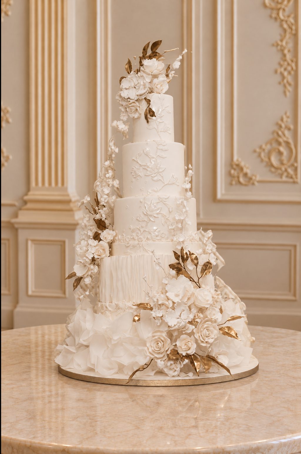 A real Nelly's Cakes royal wedding cake, design Royal 009, in a gilded ballroom