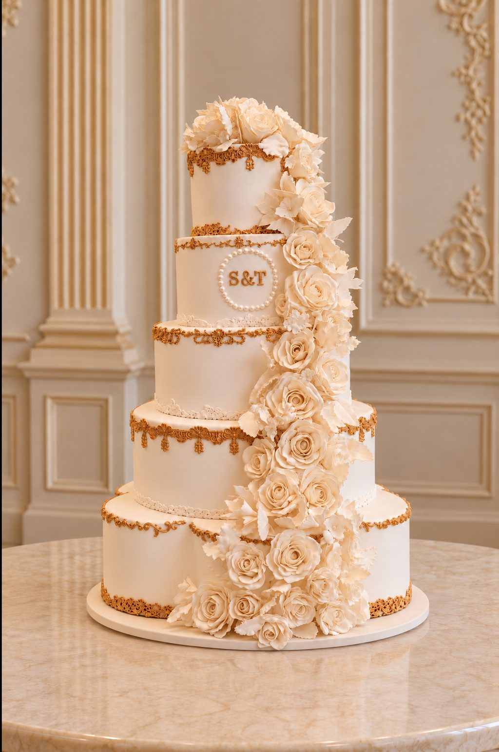 A real Nelly's Cakes royal wedding cake, design Royal 011, in a gilded ballroom