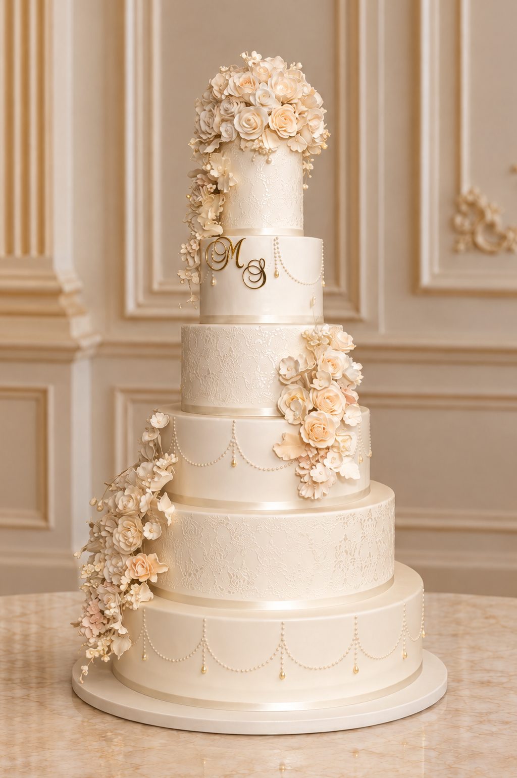 A real Nelly's Cakes royal wedding cake, design Royal 012, in a gilded ballroom