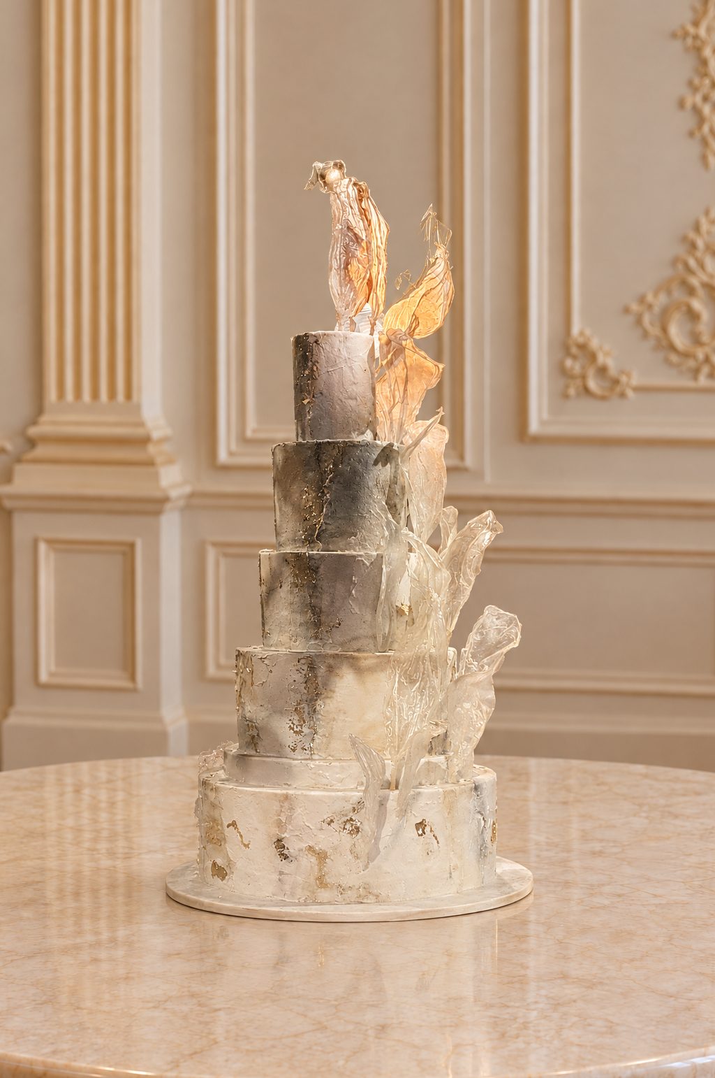 A real Nelly's Cakes royal wedding cake, design Royal 013, in a gilded ballroom