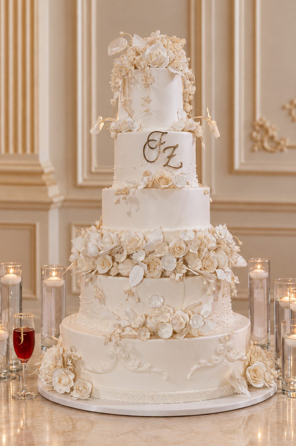 A real Nelly's Cakes royal wedding cake, design Royal 014, in a gilded ballroom