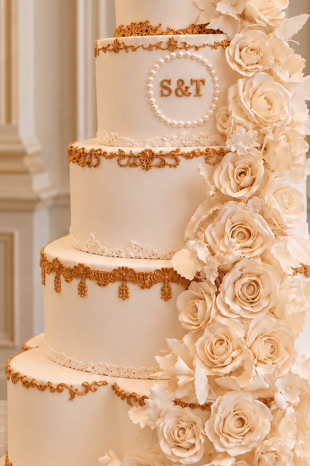 Close-up of cream sugar roses and gold-beaded piping on a Royal wedding cake