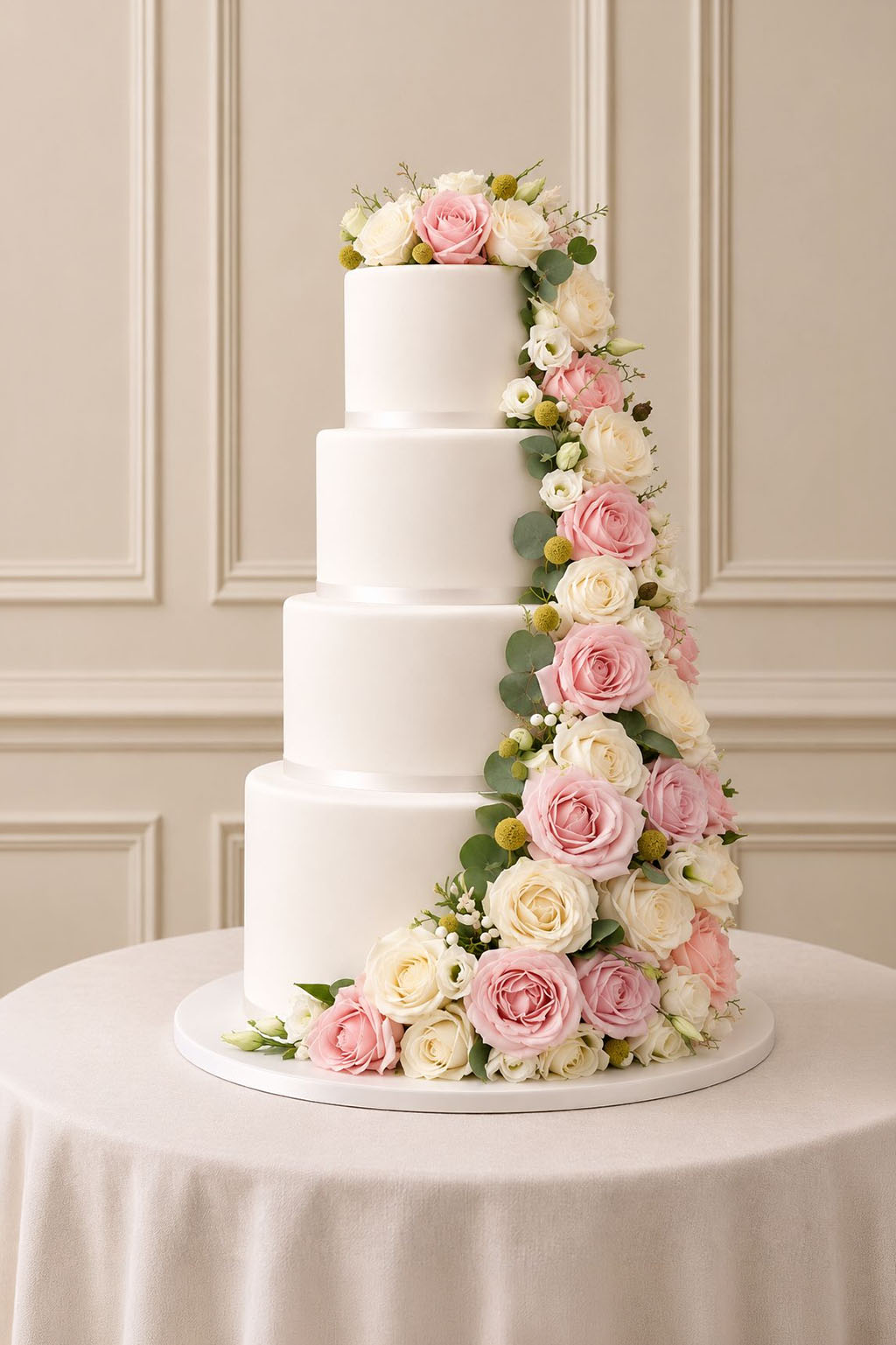 A real Nelly's Cakes traditional wedding cake, design Traditional 011, on the atelier's studio backdrop