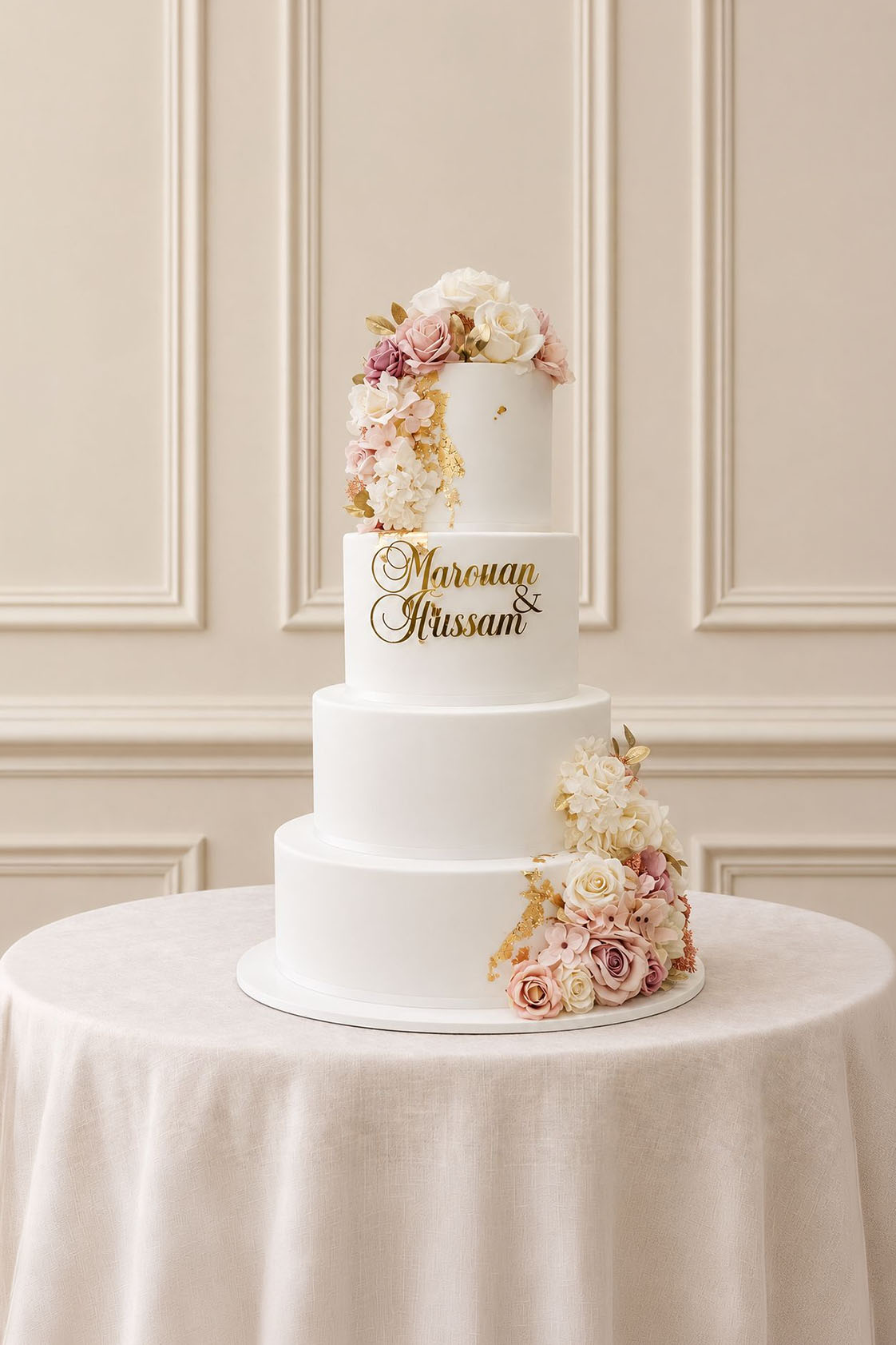 A real Nelly's Cakes traditional wedding cake, design Traditional 018, on the atelier's studio backdrop