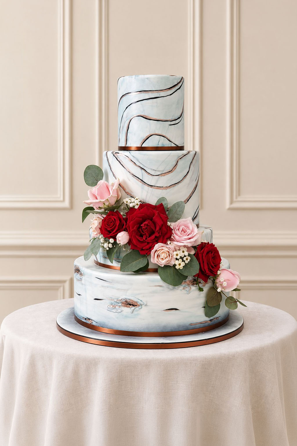 A real Nelly's Cakes traditional wedding cake, design Traditional 045, on the atelier's studio backdrop