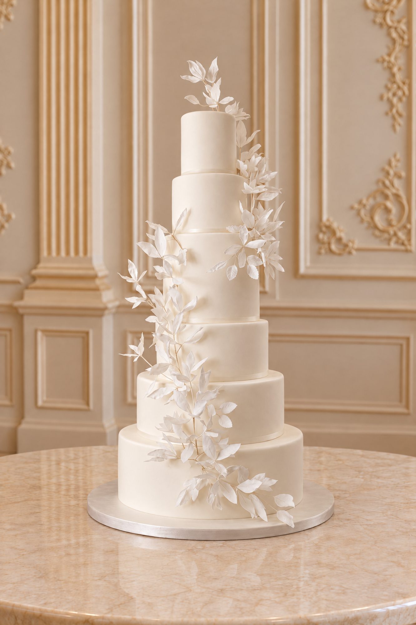 A six-tier white wedding cake with a cascade of white sugar leaves on a marble table in a classical ballroom